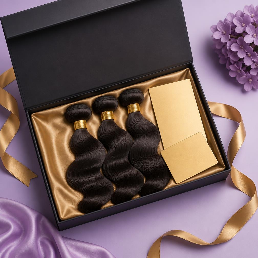 Open black gift box with gold ribbon holding hair bundles and brand collateral