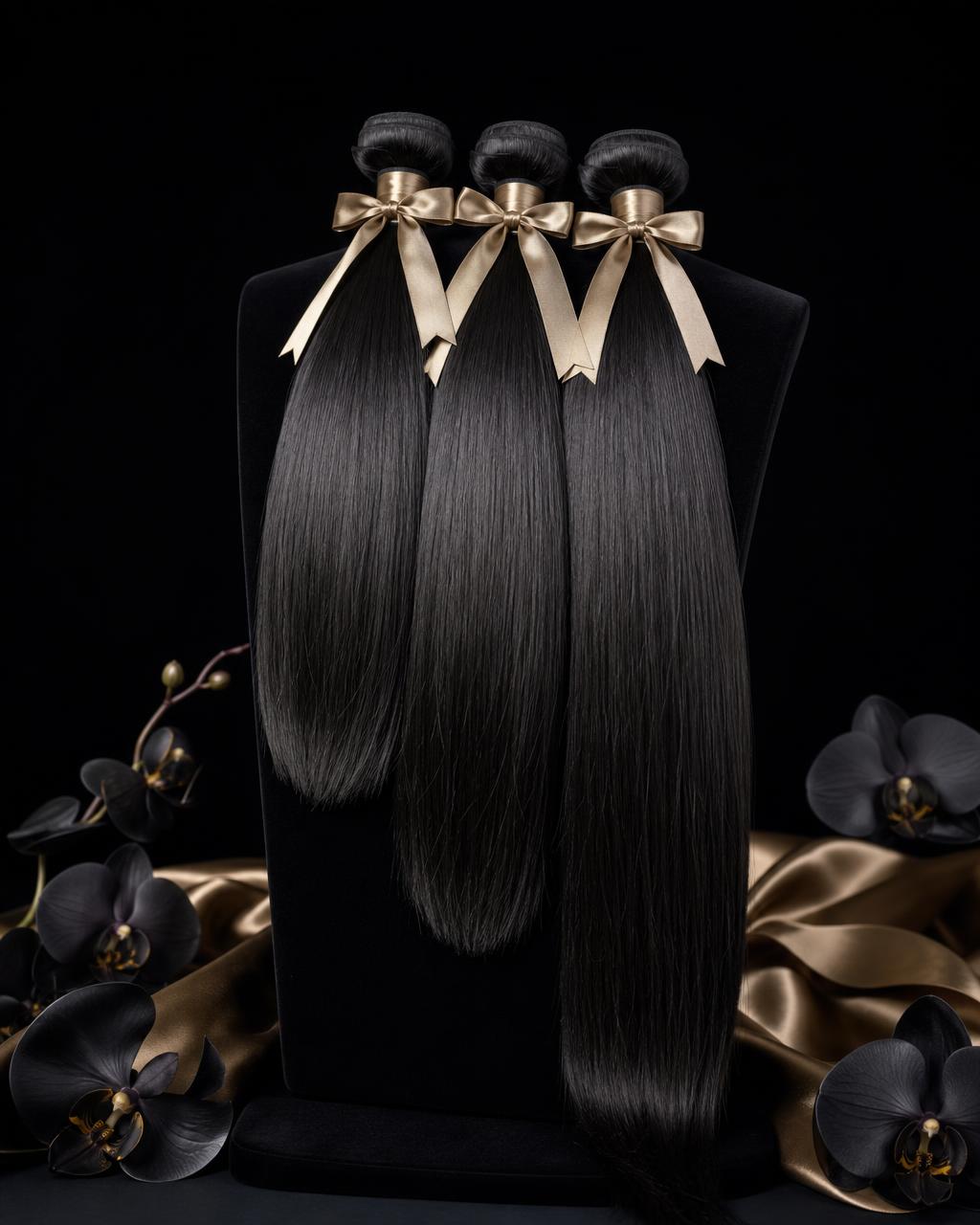 Raw virgin natural black hair bundles on display