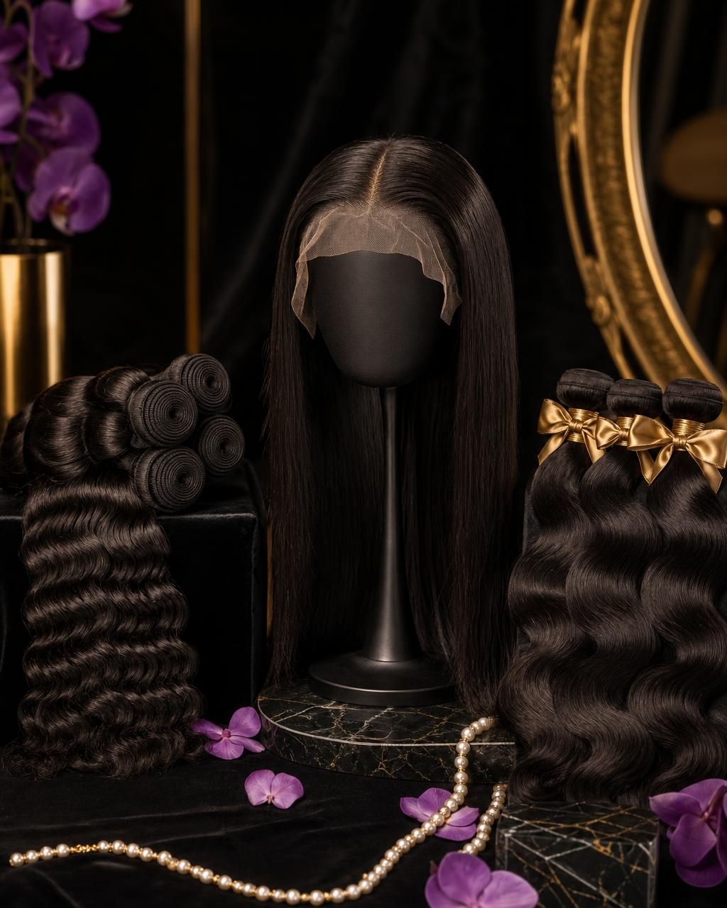 Luxury HD lace wig with raw virgin bundles in multiple textures on display