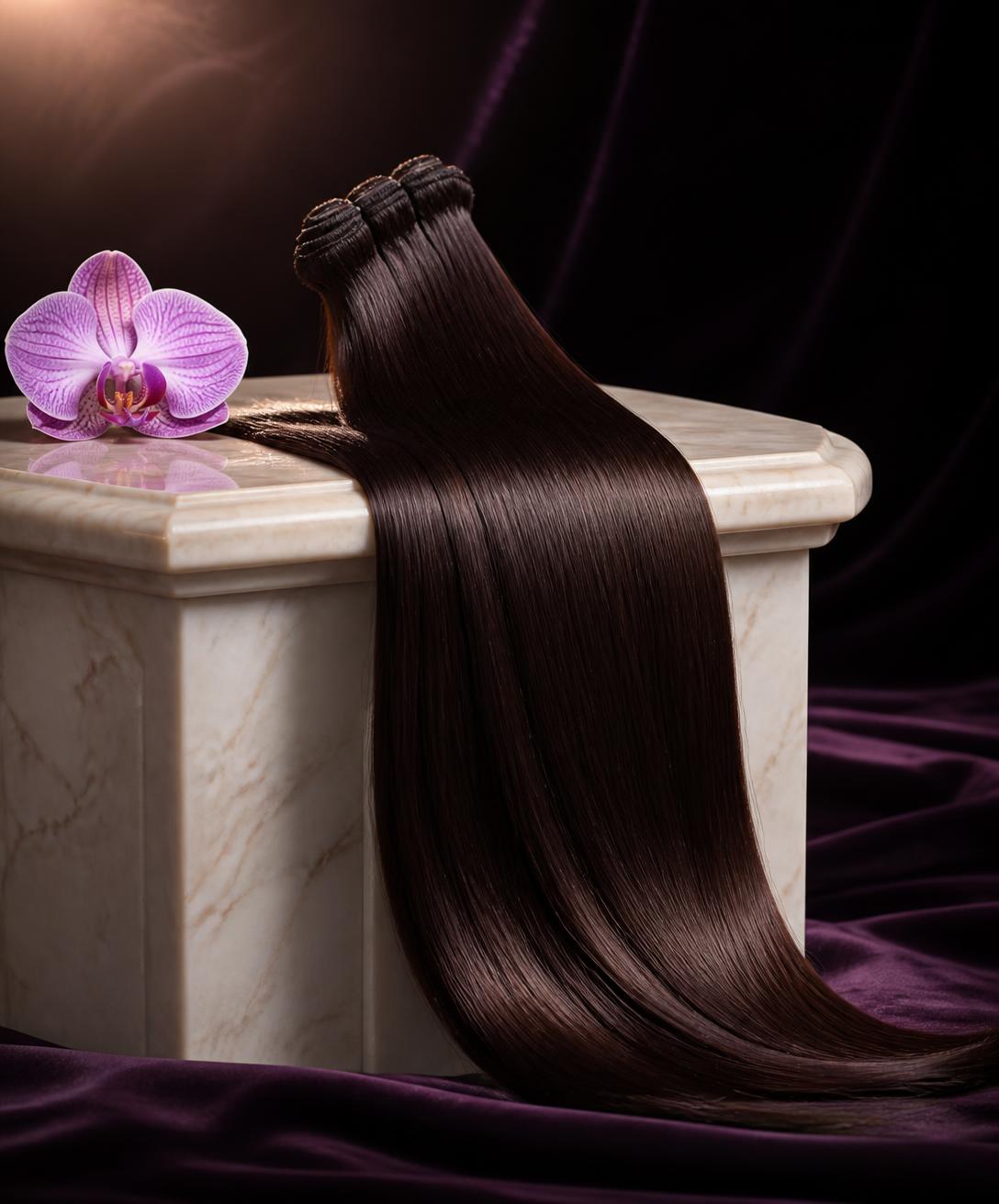 Raw hair extensions displayed on a marble pedestal