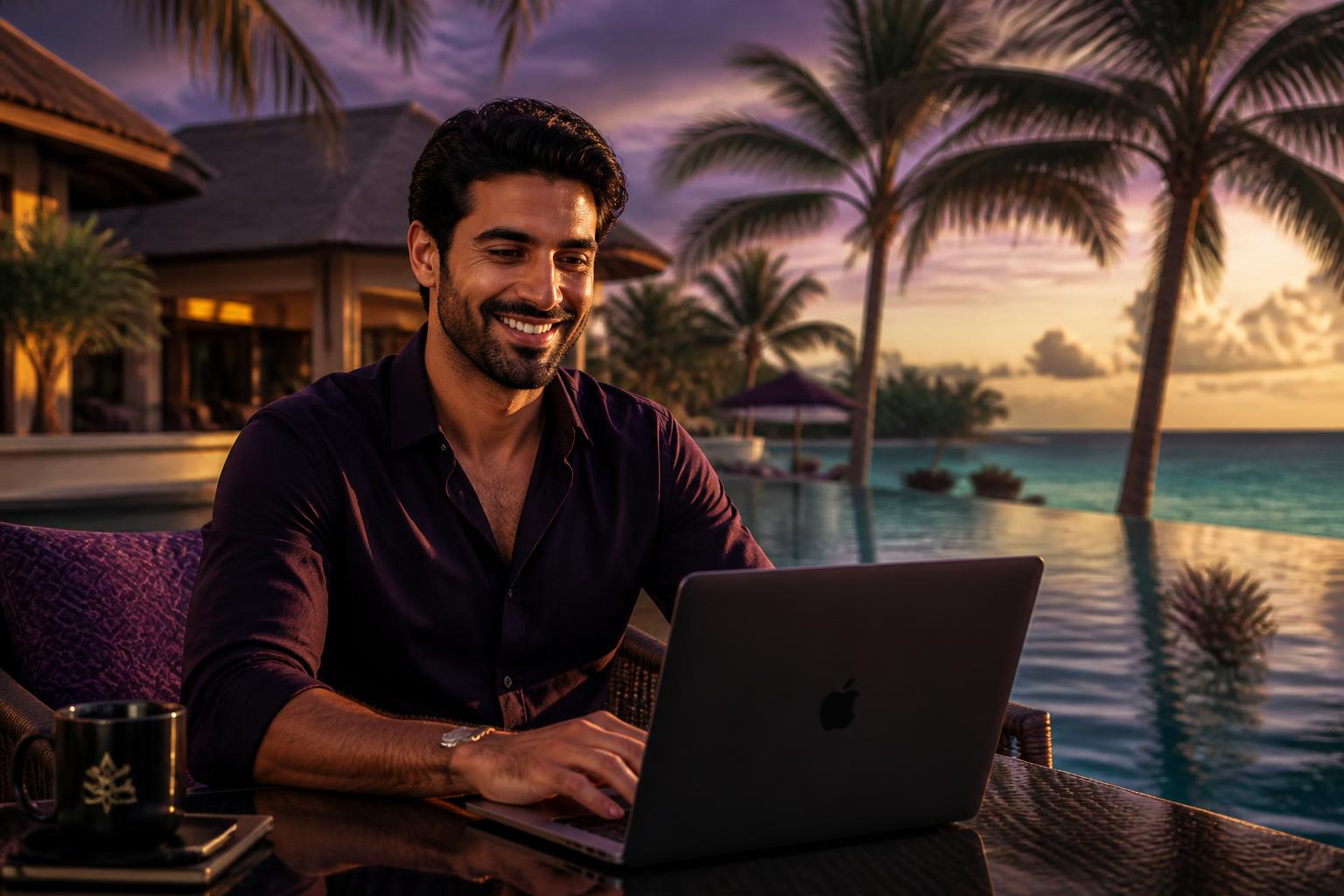 A successful man working on a laptop at a tropical luxury resort